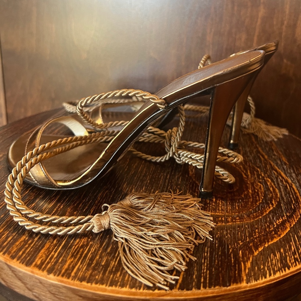 Stuart Weitzman for Scoop NYC Gold Tassel Tie Up Sandal